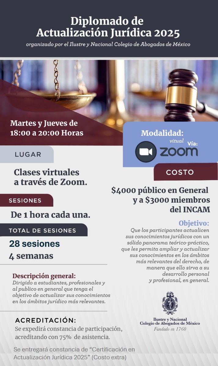 El Dr. <a href="/aareyesk/">Alfredo Reyes Krafft</a> participará en el #diplomadodeactualizaciónjurídica2025 con el tema "Smartcontracts".
Inscríbete al correo cursos@incam.org o al número 5517064197.
incam.org/eventos/
<a href="/INCAM_Abogados/">Colegio de Abogados</a> <a href="/incamoccidente/">Capítulo Occidente INCAM, A.C.</a> <a href="/lupita_hinojosa/">Lupita Hinojosa</a>