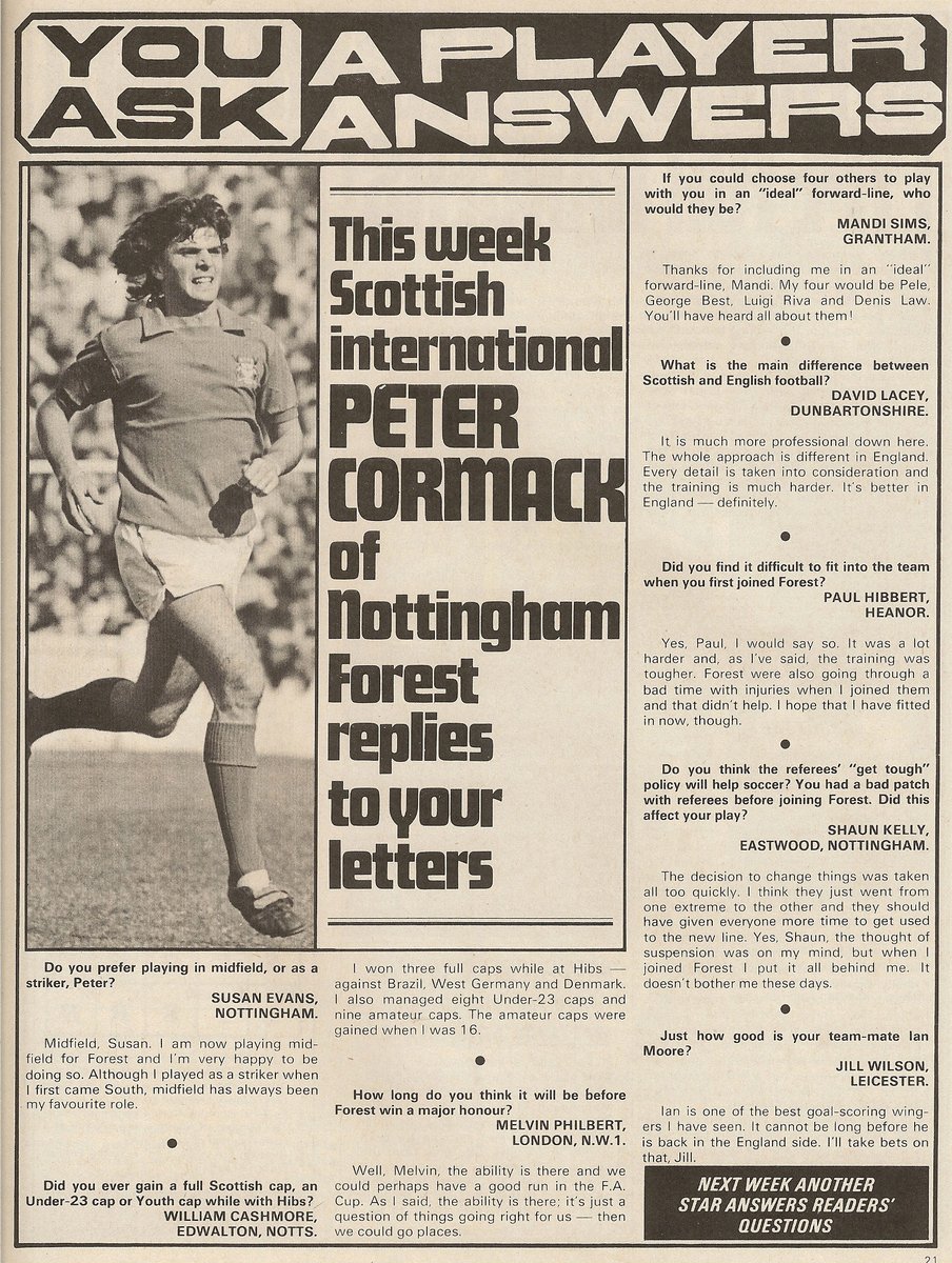 ScotsFootyCards's tweet photo. You ask a player answers #PeterCormack #NottinghamForest #Shoot! 1971-10-30 https://t.co/oOnssBLKkT