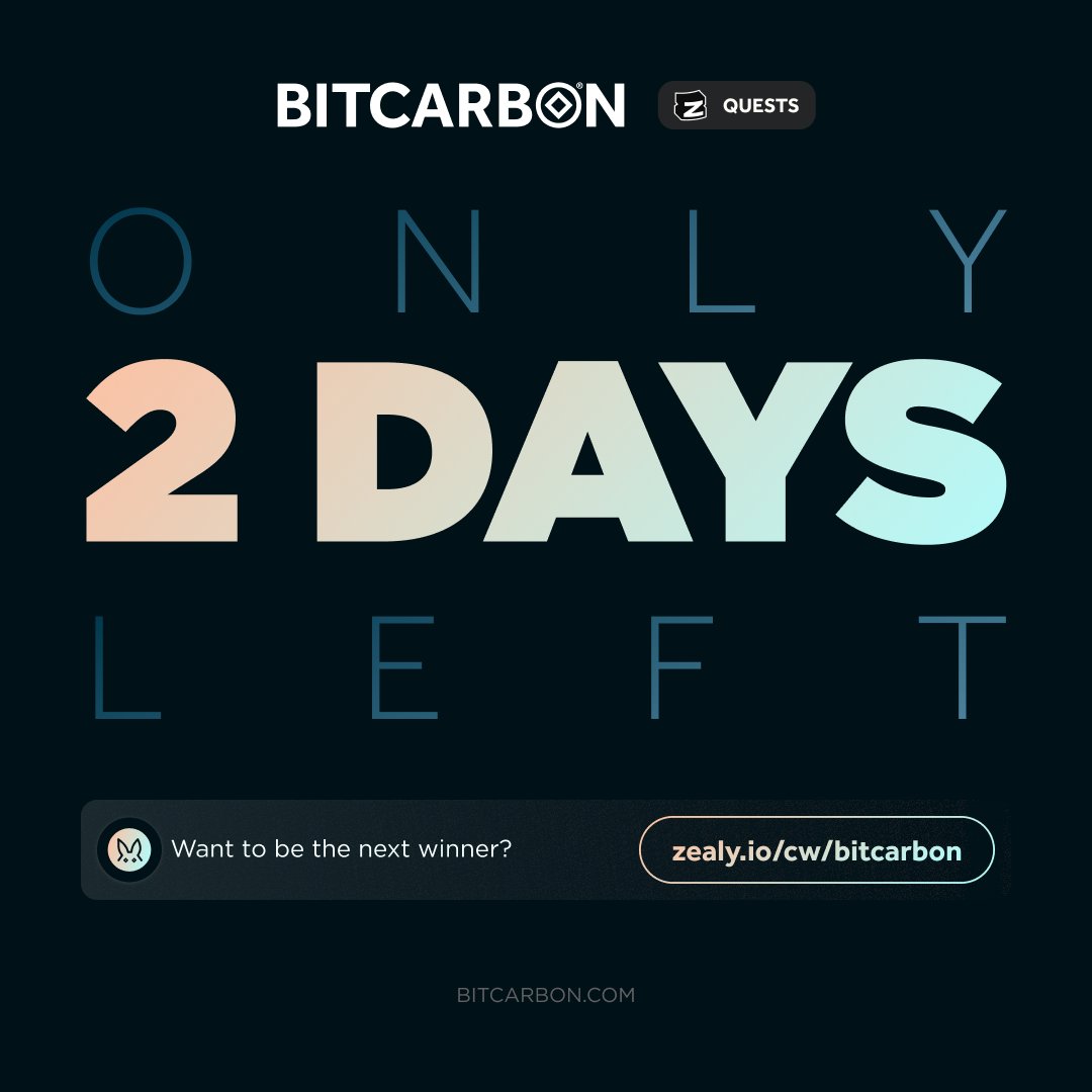 ⏰ Only 2 days left! ⏰

Bitcarbon <a href="/zealy_io/">Zealy</a> Sprint 3 ends this Sunday, Oct 13th—we’re giving away 1 million $BCRBN tokens worth $20,000! 💥 Don’t miss out on your share of the prize pool! 🚀

New or returning, this is your last chance to join and win BIG! 💎

👉 Join the