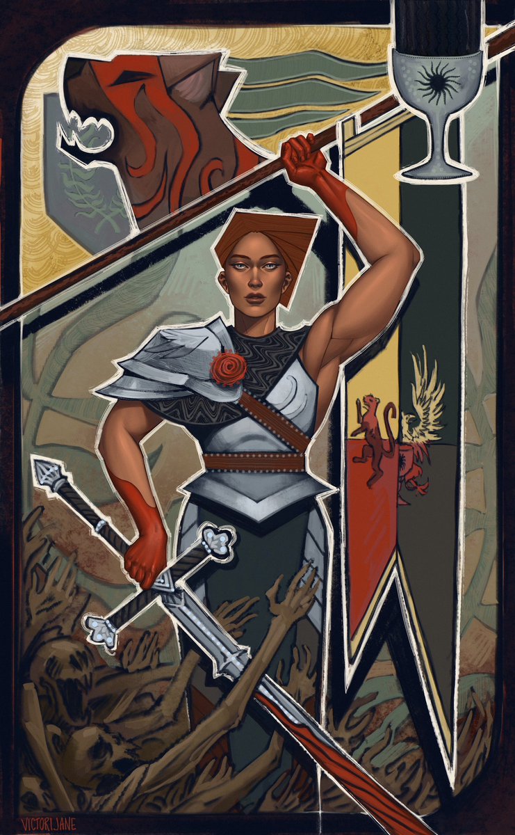 The lead up to Veilguard has me replaying all the games (because how could you not) -  I just had to draw a DAI style tarot card for my Warden ☺️

(Ps. The Mabari’s name is Bubslee)

#dragonageorigins