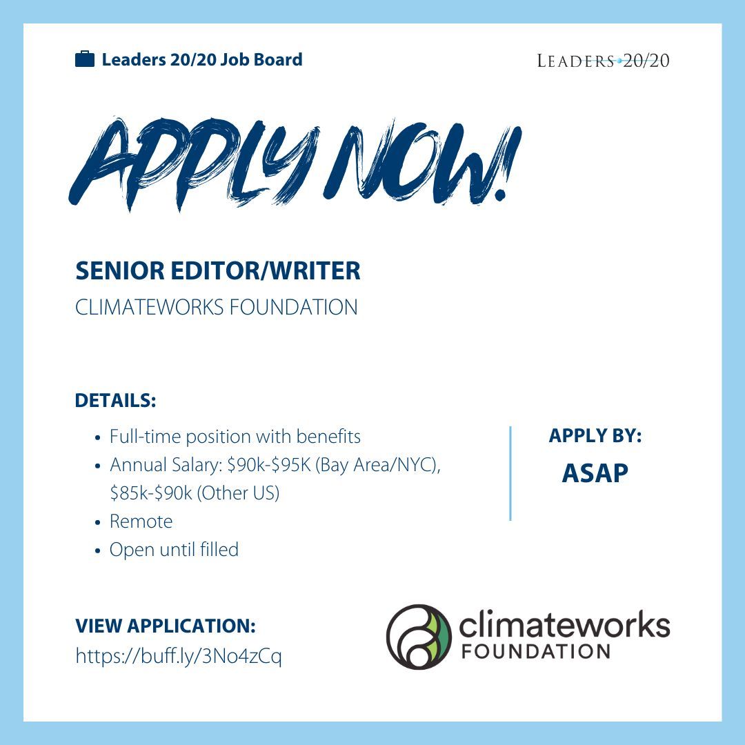ClimateWorks Foundation is hiring a Senior Editor/Writer!

Details:
Full-time position with benefits
Annual Salary: $90k-$95K (Bay Area/NYC), $85k-$90k (Other US)
Remote

Open until filled 

View application: 
buff.ly/3No4zCq