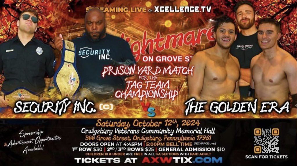 TheRonnieMoses's tweet image. TOMORROW NIGHT! @SecurityIncPro will show why we are HEROES AND CHAMPIONS, when we report for duty in a Prison Yard match to put Golden Era ON LOCKDOWN! 🚨
@Official_AXW #ANightmareOnGroveStreet 🎃 #JusticeForSecurityInc #AndStill #TagTeamChampions 

🎟️: AXWTIX.COM
