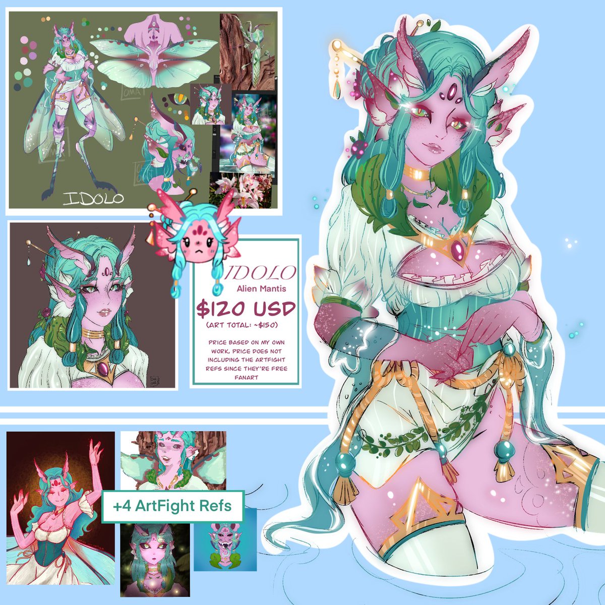 chrxxxma's tweet photo. I'm biting the bullet and selling Idolo.. 🪷🌸🌺 I just don't feel as connected to her as I used to, but I love her design. Serious inquires only 🫶
  
Includes: 1 Ref Sheet, 3 Profiles, 2 Partial bodies & a lil icon.
Price: $120 (value: $150)
- I'm not including the ArtFight fanarts in the Value total since they were free. It would feel gross to make a profit off of free art.