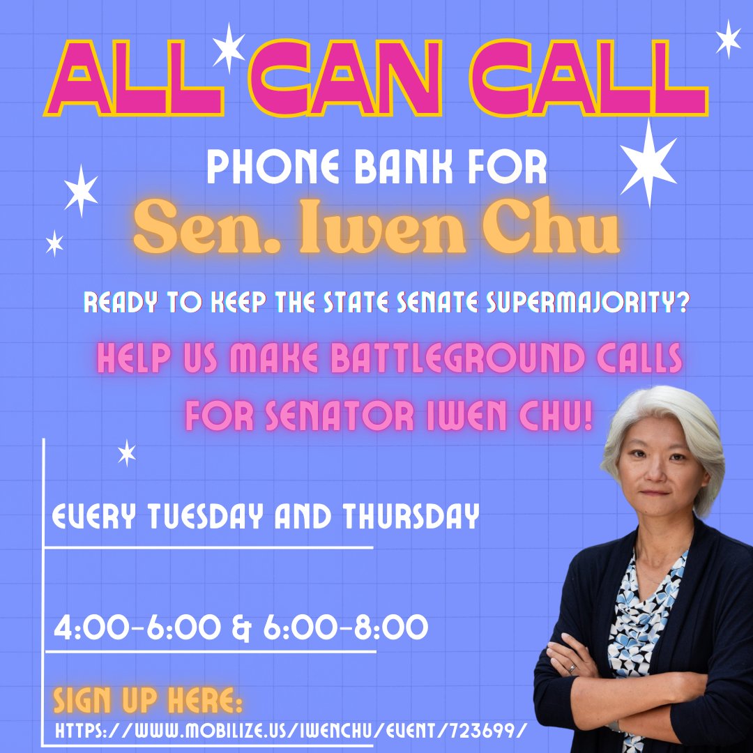 CALLING ALL VOLS! ☎️🤳 We are now hosting virtual phone banks every week to reelect State Senator Iwen Chu! It's all hands on deck to win this extremely close race, and we need your help. So what are you waiting for? Sign up to make calls today! mobilize.us/iwenchu/event/…