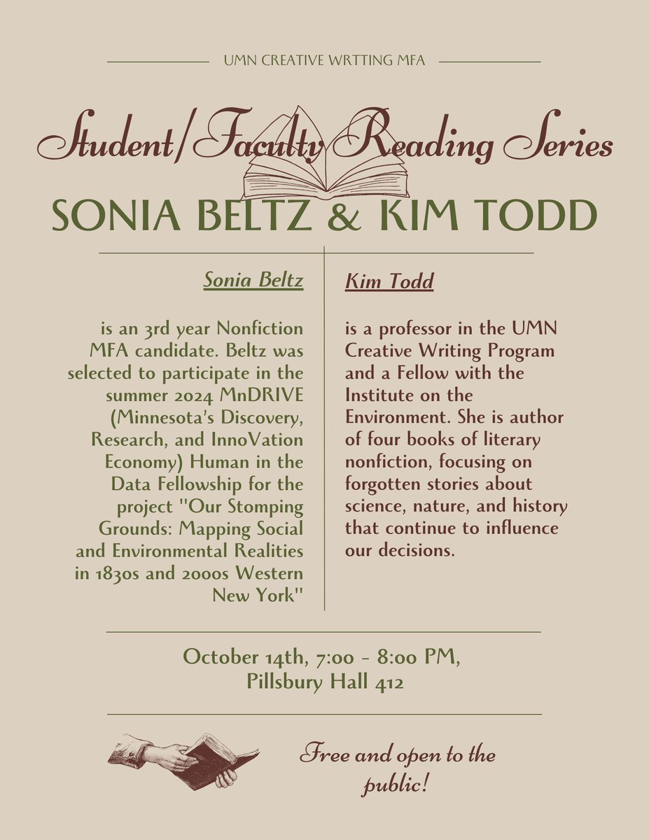 Just four more days till our student/faculty reading series with Sonia Beltz and Kim Todd!