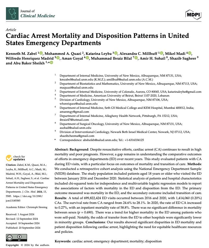 Despite the challenges in Lebanon, I'm excited to share my recent multi-institutional publication on Cardiac Arrest Mortality in U.S. EDs. 
Our study shows disparities in outcomes, stressing the need for equitable healthcare. 
Grateful for my mentors!
pubmed.ncbi.nlm.nih.gov/39337071/