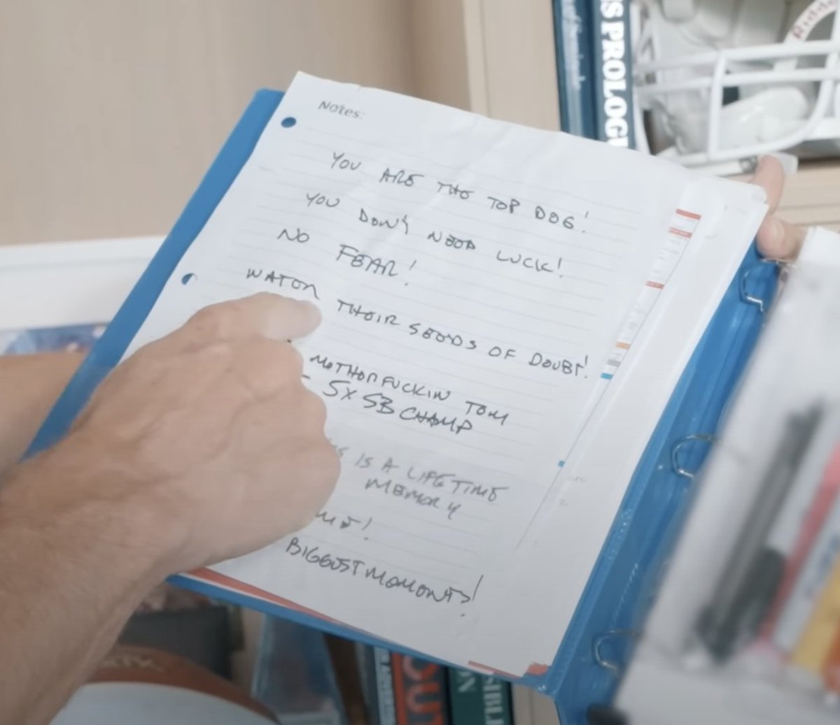 zachpogrob's tweet image. Tom Brady's affirmations before 2018 Super Bowl go extremely hard:

YOU ARE THE TOP DOG!
YOU DON'T NEED LUCK!
NO FEAR!
WATER THEIR SEEDS OF DOUBT!
YOU ARE MOTHERF*CKIN TOM BRADY - 5X SB CHAMP
HAVE FUN- THIS IS A LIFETIME MEMORY
THIS IS YOUR TIME!
YOU LOVE THE BIGGEST MOMENTS!