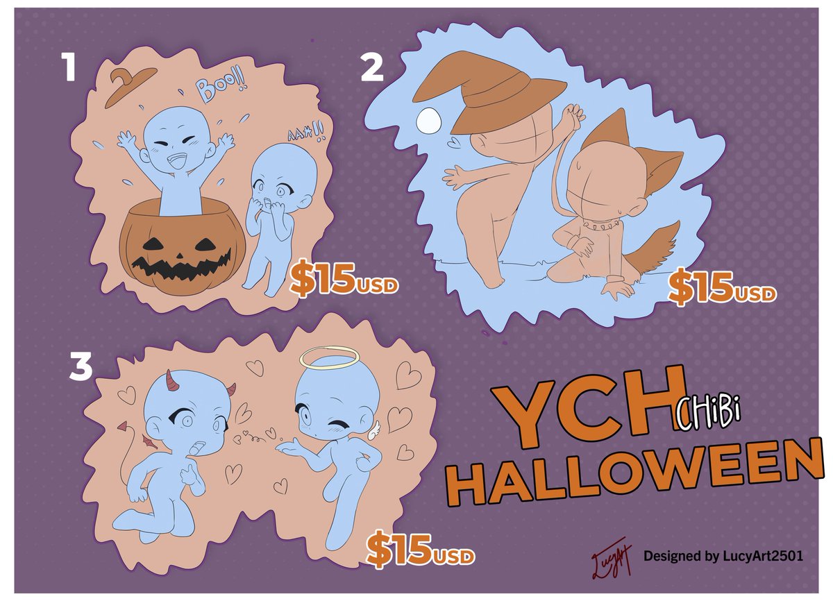 LucyArt2501's tweet photo. YCH HALLOWEEN chibi style couples. 
- Any gender. 
- Any species. 
1 x $15 usd 
2 x $25 usd 
3 x $35 usd 
#ychcommission #Halloween2024 #chibiart #opencommissions #Terror #witch #werewolf #pumpkin #devilandangel https://t.co/COoOToPr2q