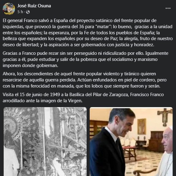 IU_Canete's tweet photo. Nos vemos obligad@s a denunciar públicamente este post en Facebook del párroco de #CañetedelasTorres. Ni una institución como la Iglesia ni un Estado democrático pueden consentir estos hechos que, como mínimo, son apología del franquismo.

Tomaremos las medidas oportunas. https://t.co/V1VgkZcVi2