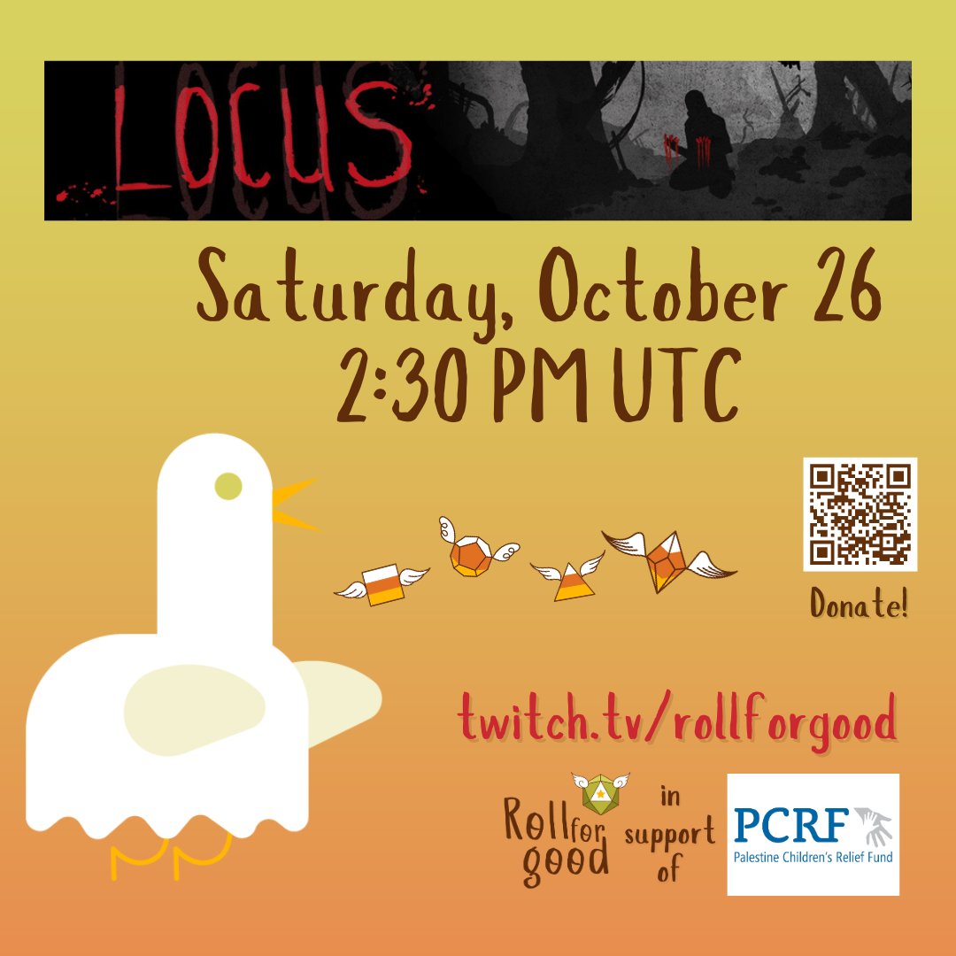 In Locus by @cobblepath DM <a href="/Bardw_manynames/">Bard with many names</a>   tells a story where even the road itself seems to conspire against the players.

We can only watch as Bard conducts their players in what might become a tragedy. October 26th, 2:30 PM UTC, during our #ttrpg stream for <a href="/ThePCRF/">The PCRF (Palestine Children's Relief Fund)</a> 🚗
