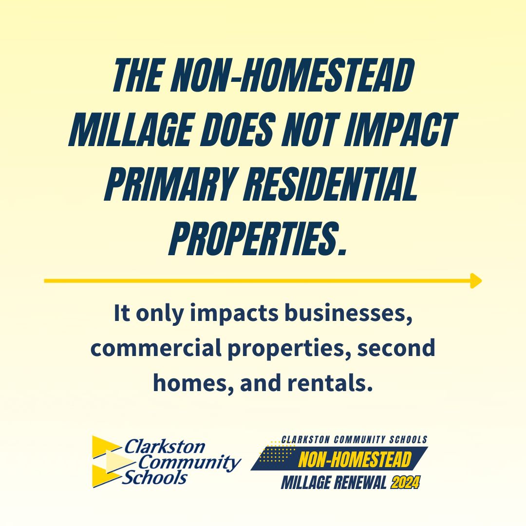 The CCS Non-Homestead Millage Renewal does NOT impact primary residential properties. It only impacts businesses, commercial properties, second homes, and rentals. #WeAreClarkston  Learn more at clarkston.k12.mi.us/community/nonh…