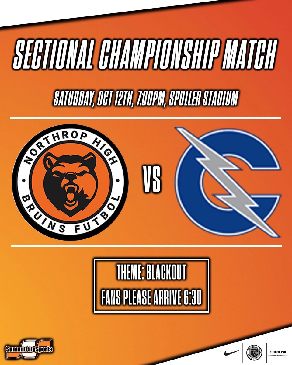 TOMORROW! students, family, friends, coaches, alumni’s, come catch your Northrop Bruins in a classic of a match-up 🫵🐻🟠⚪️

can’t make it? livestream will be hosted by SummitCitySports through the IHSAA web page 📺

#NorthropSoccer #VamosOsos #LetsGoBruins