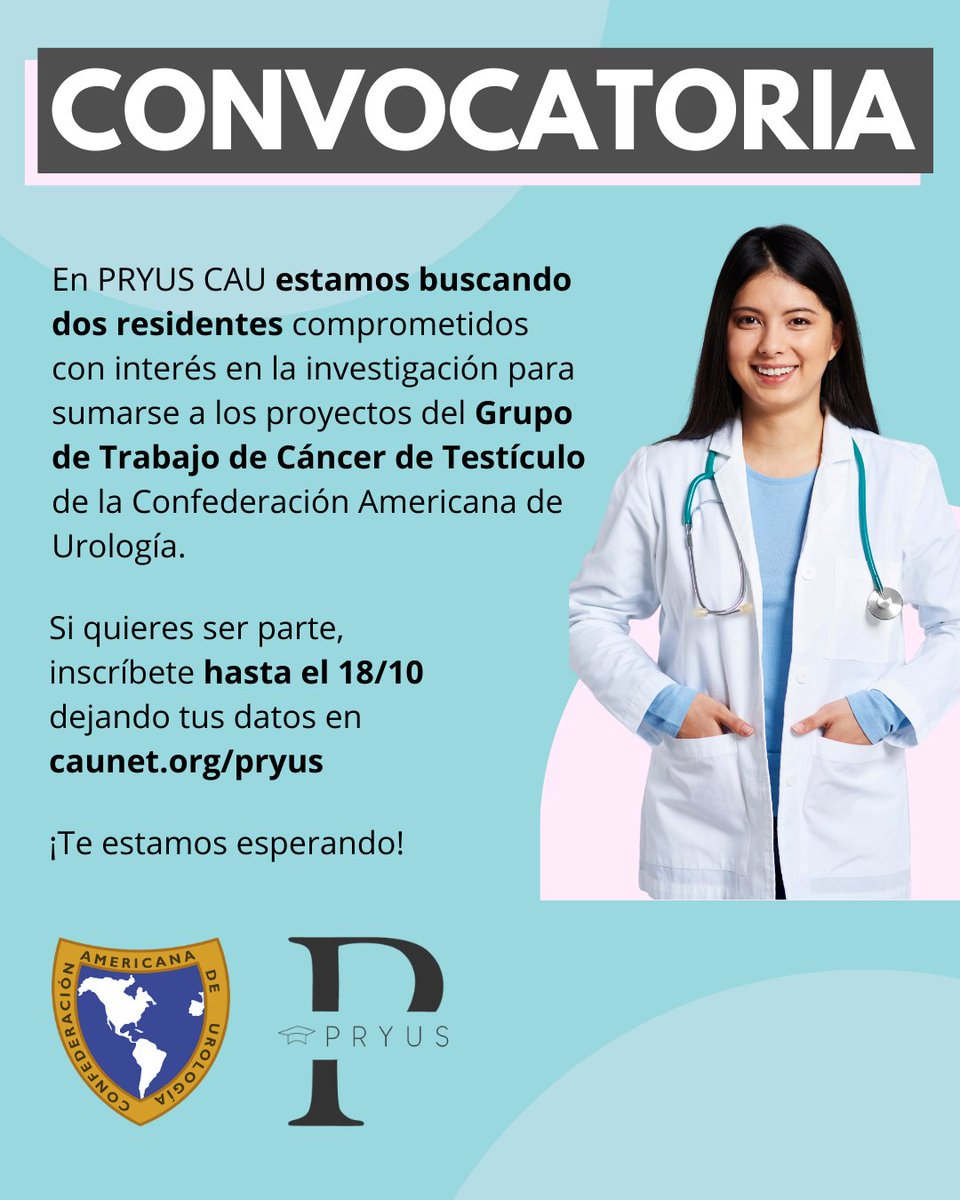 📢 Buscamos dos residentes para integrar el Grupo de Trabajo de Cáncer de Testículo de la CAU.  Una oportunidad única para trabajar con expertos en el área y contribuir a investigaciones clave.

Inscríbete hasta el 18/10 en caunet.org/pryus/

<a href="/CAU_URO/">Confederación Americana de Urología (CAU)</a> 
<a href="/ResidentesCAU/">Oficina Residentes CAU</a>