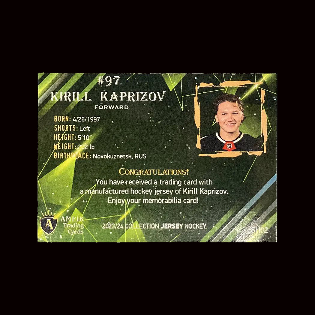 ampir_cards's tweet photo. 2023/24 AMPIR Jersey Hockey #SH02 Kirill Kaprizov (Minnesota Wild) 1 of 1 - https://t.co/KIyqLhxZfF #ampirtradingcards #sportscards #hockeycards #teamminnesotawild #minnesotawild #kaprizov #kirillkaprizov #memorabilia #shield #jersey https://t.co/ixhh28zHCp