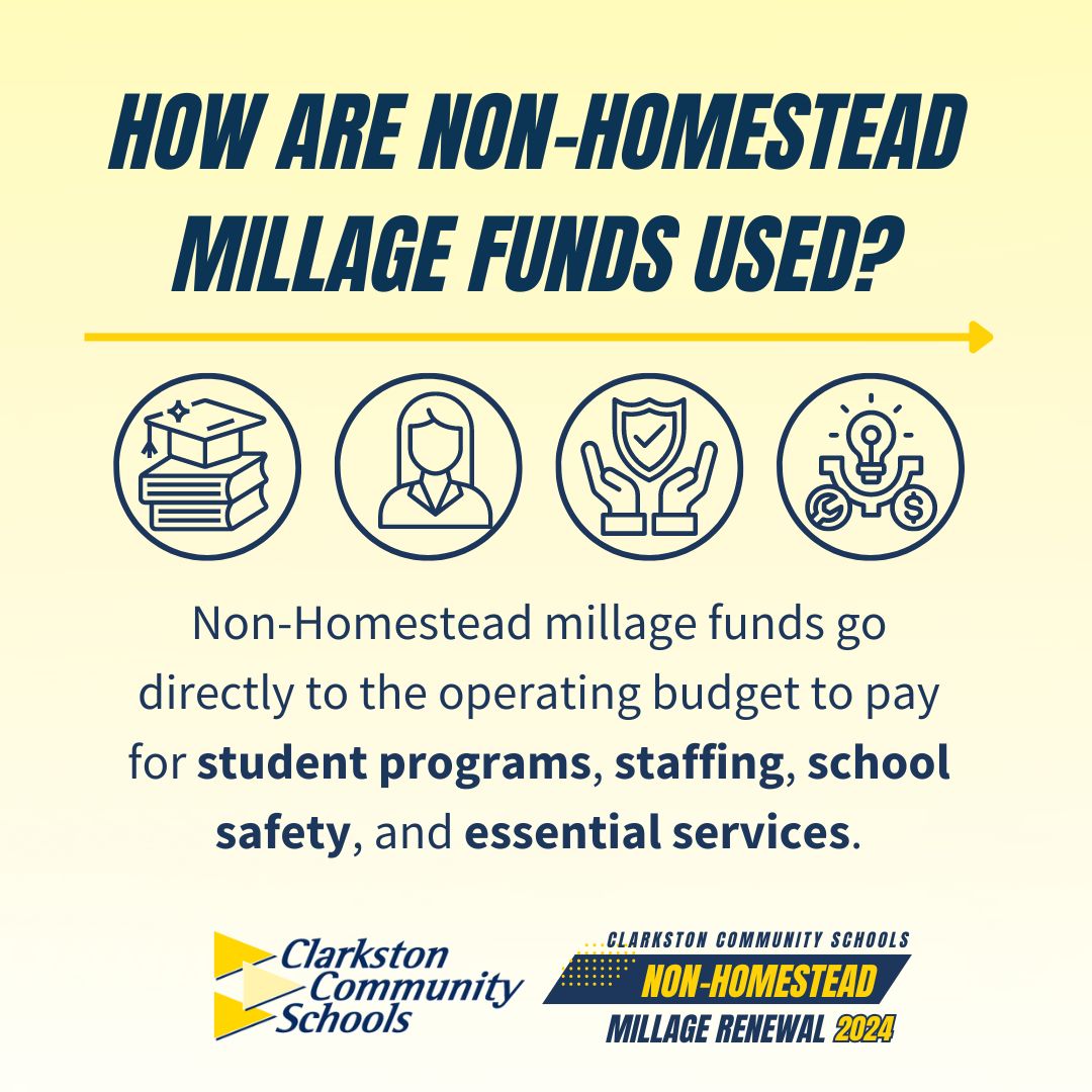 Non-homestead funds are used differently than bond funds and are used toward student programs, staffing, school safety, and essential services.  #WeAreClarkston Learn more at  clarkston.k12.mi.us/community/nonh…