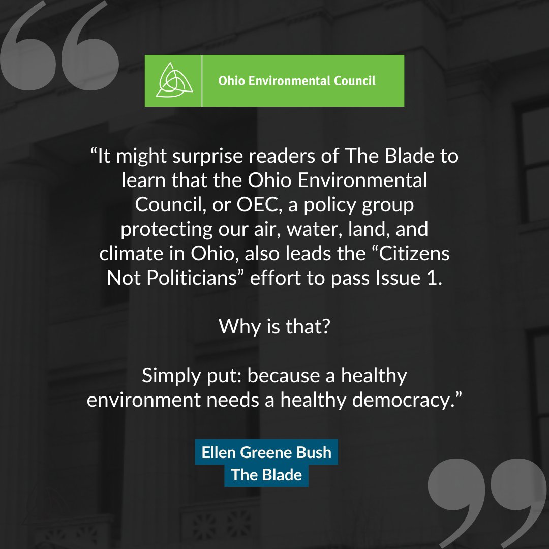 OhioEnviro's tweet image. Voting YES on Issue 1 means voting to protect #Ohio’s environment for future generations. It supports sustainable development, clean water, and green energy while preserving the land we depend on. Article on our website. #VoteYesOn1 #ProtectThePlanet #OhioVotesGreen #TheBlade