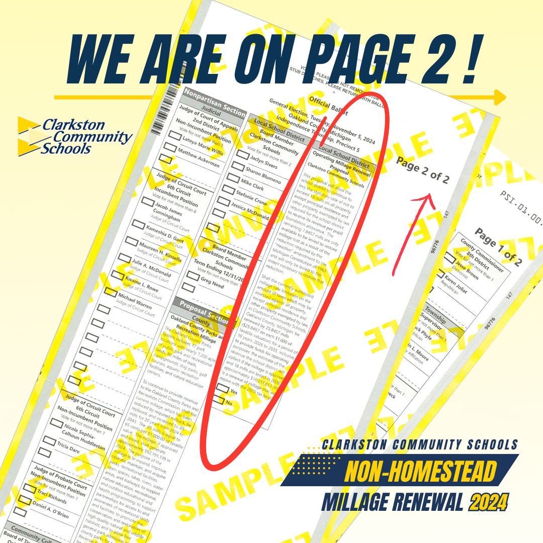 The Non-Homestead Millage Renewal is the LAST question on the ballot, so be sure to finish both sides! #WeAreClarkston Learn more at  clarkston.k12.mi.us/community/nonh…