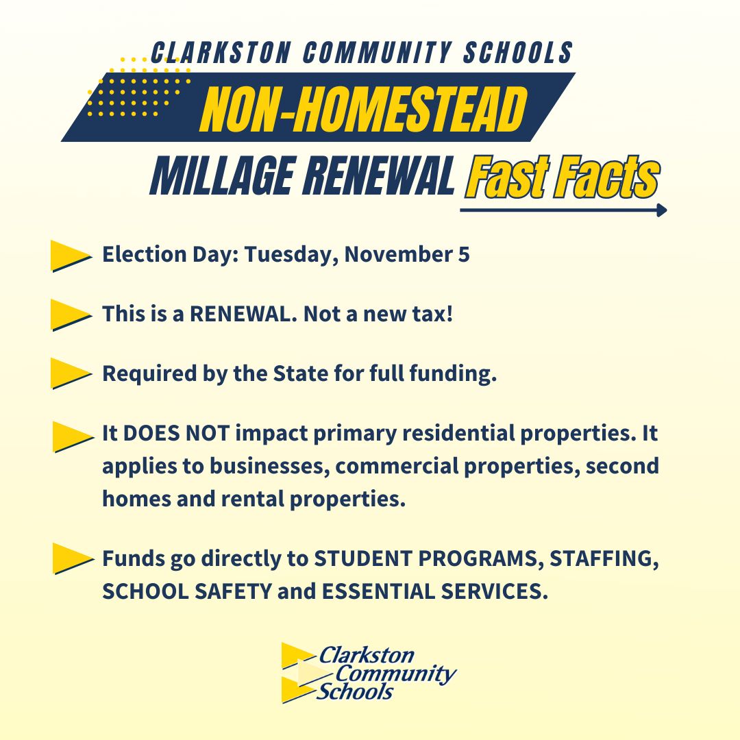 Tomorrow is Election Day! Here's the Fast Facts. If you are still researching, you can learn more about the CCS Non-Homestead Millage Renewal at clarkston.k12.mi.us/community/nonh…    #WeAreClarkston