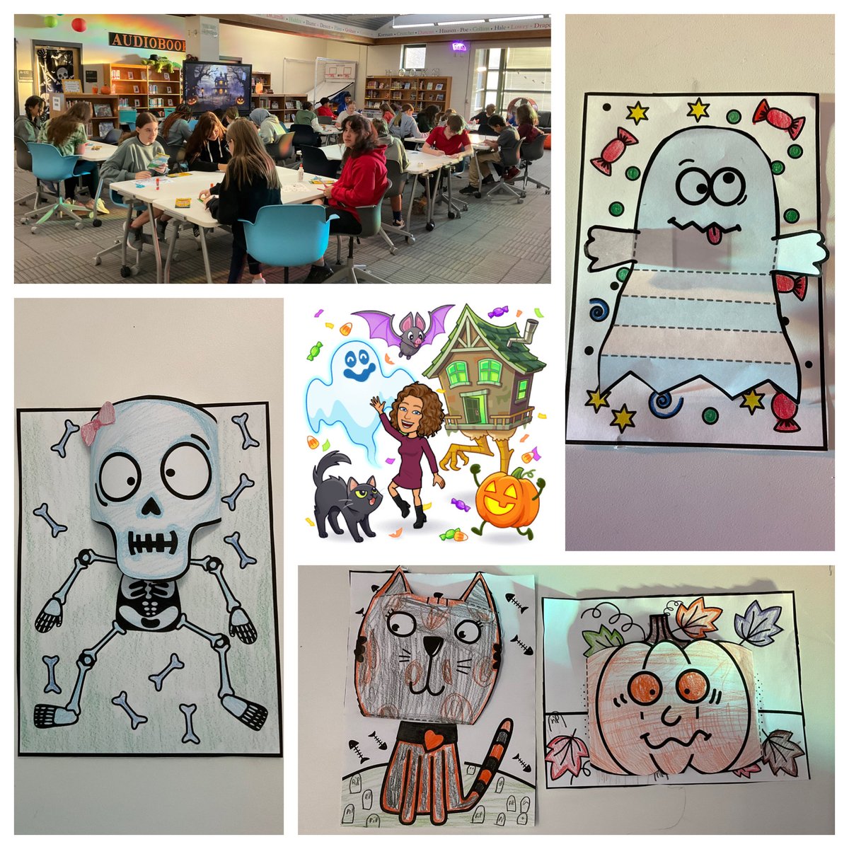 DCMSMediaCenter's tweet image. Students worked on 3D Halloween coloring pages while enjoying a spooky vibe complete with Halloween dance party music. @DutchmanCreekMS #ArtInTheLibrary #Creativity #MorningEvents