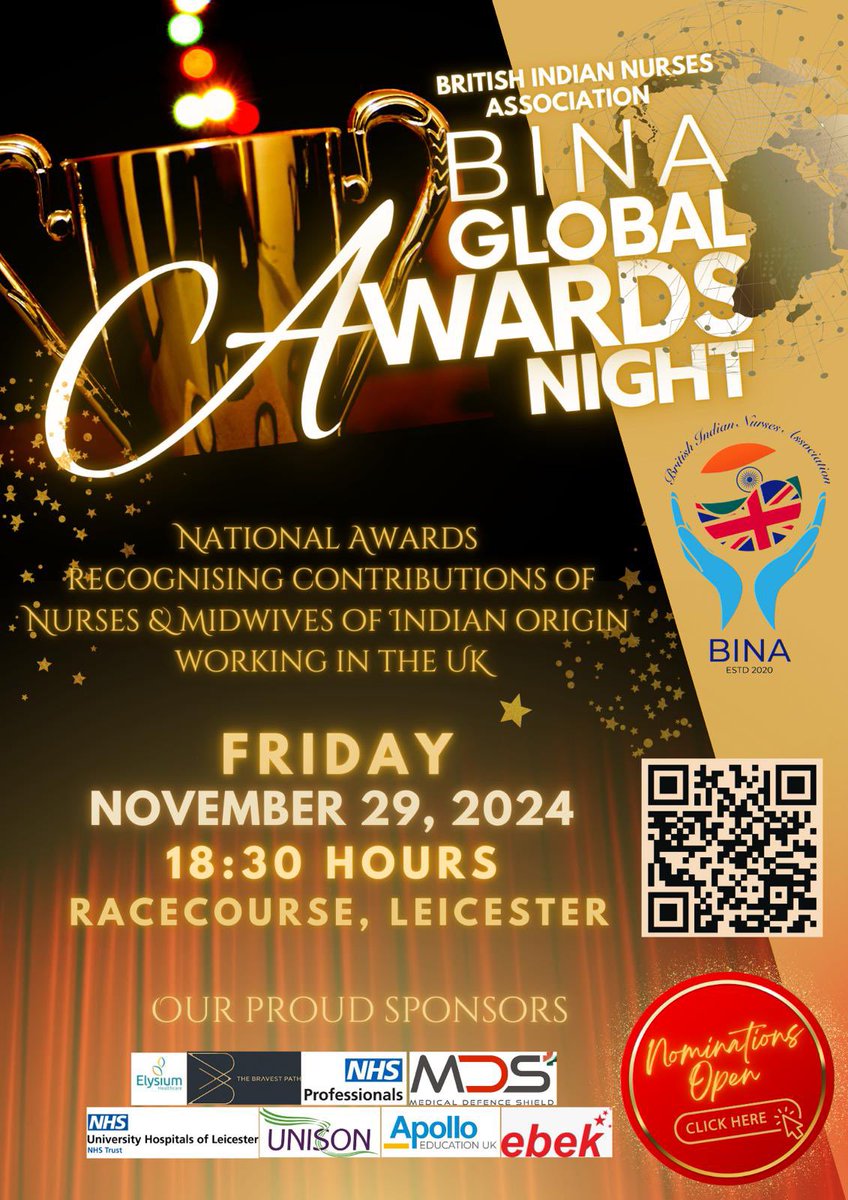BINA Global Awards - first ever awards ceremony to recognise the nurses of indian origin. If you know any nurse of indian origin who goes an extra mile  please nominate    forms.gle/V6tZubesm3m2p5… we want to recognise our hardworking nurses from our community. Let’s celebrate