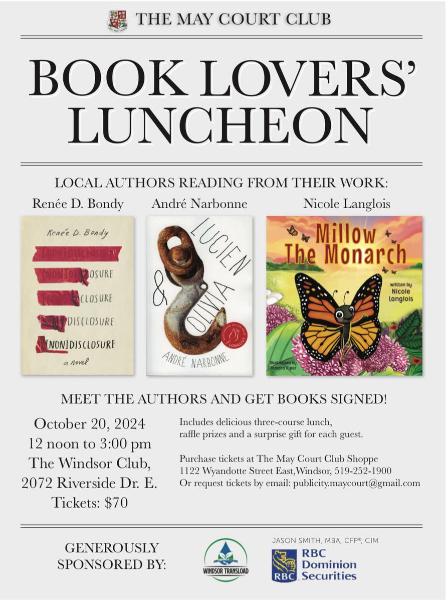 AllWriteinSinCity (@allwritewindsor) on Twitter photo For lit lovers who lunch, coming up next weekend! Check out these great authors and support children's charities with <a href="/maycourtwindsor/">Maycourtwindsor</a>! For lit lovers who lunch, coming up next weekend! Check out these great authors and support children's charities with <a href="/maycourtwindsor/">Maycourtwindsor</a>!
