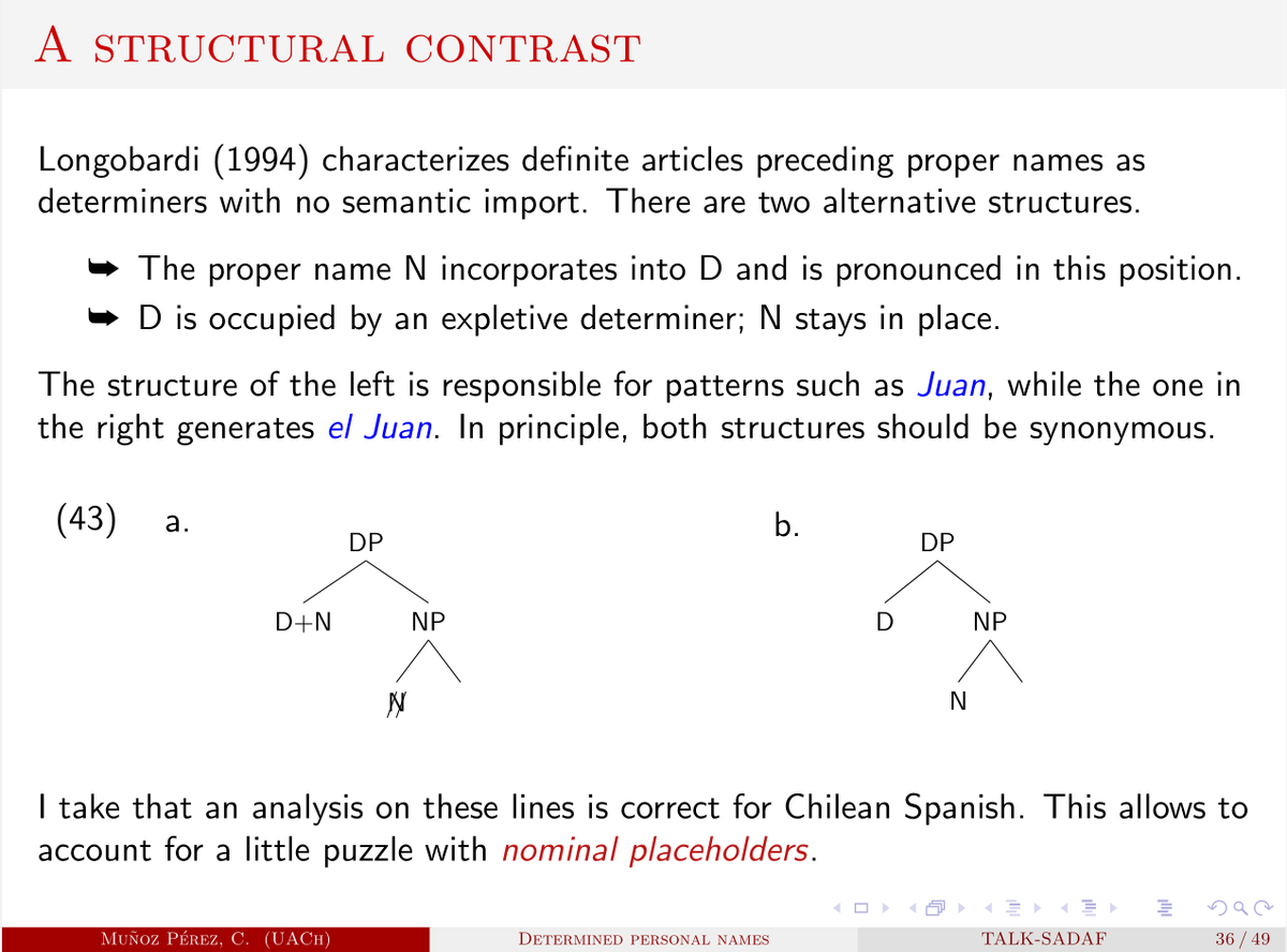 munozperezc's tweet photo. @ChrisTCollins While Longobardi refers to these determiners as "expletive", this might be somewhat of a misnomer. They are just the realization of a definite D when N does not undergo N to D movement. When N does move to D, the latter is pronounced as a bare proper name. https://t.co/dtuK3Lv5Kj