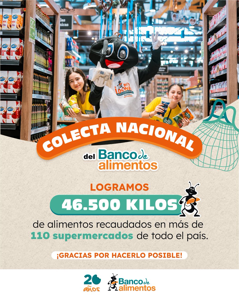 🎉 Gracias a la generosidad de cada donante y el apoyo de más de 2.000 voluntarios, alcanzamos 46.500 kilos de alimentos, beneficiando a más de 35.000 personas.

¡Celebramos este logro con todos nuestros colaboradores, aliados, amigos y voluntarios! 🥳

#20añosdeColecta🎂🎉