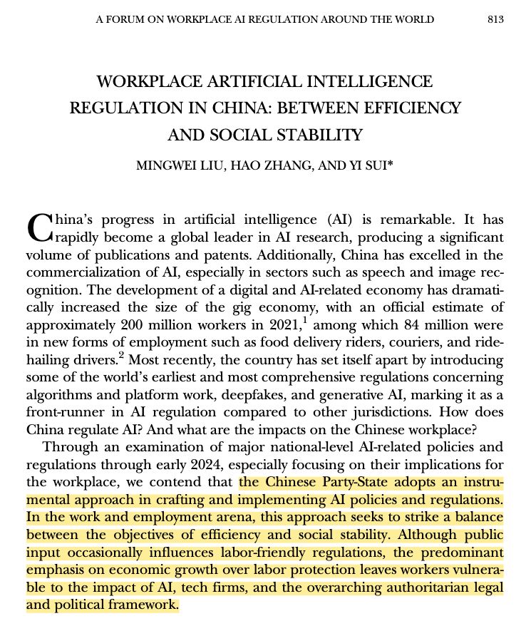 jcmittelstaedt's tweet photo. "While China’s approach to AI workplace regulation oscillates between permissive and restrictive, aiming to balance efficiency with social stability, it often exposes workers to the harsh realities of techno-capitalism under an authoritarian regime"

https://t.co/Mt3cAG1guk https://t.co/BOVGZO70Q6
