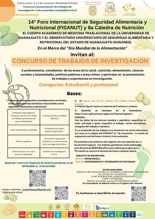 AOusaneg's tweet photo. El @OUSANEG  y el Cuerpo Académico de Biomedicina Traslacional de la Universidad de Guanajuato, te invitan al 14º Foro Internacional de Seguridad Alimentaria y Nutricional (FISANUT) y 8ª Cátedra de Nutrición 📷
En el marco del Día Mundial de la Alimentación. https://t.co/ZQkbFZaWKb