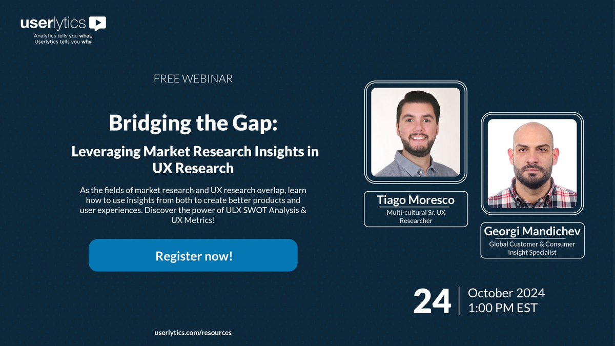 Userlytics's tweet image. Do you track the right #UXMetrics? Find out in our webinar where we’ll introduce key metrics for measuring user experience success.

Join our webinar to learn practical strategies for overcoming these hurdles.

userlytics.com/resources/webi…