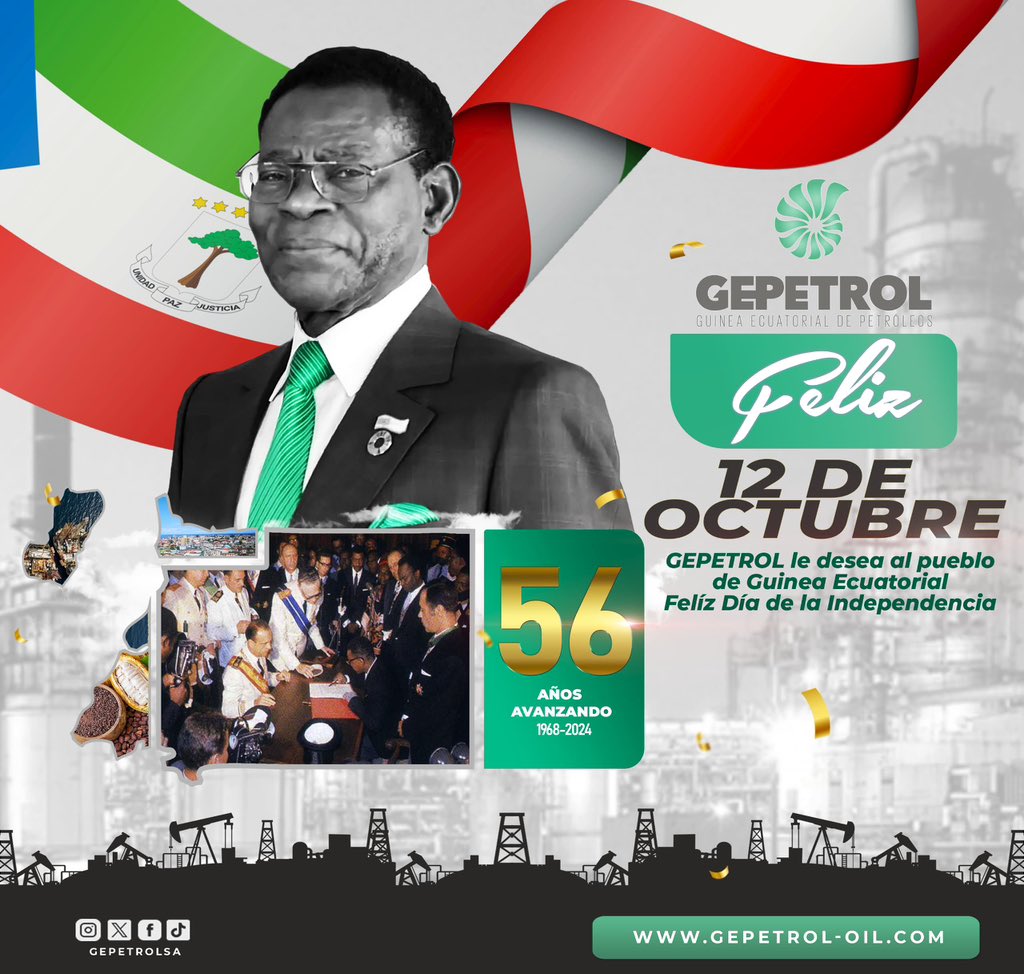 La dirección general de la compañía Nacional de Petróleos de Guinea Ecuatorial 🇬🇶 , felicita a todos los compatriotas ecuatoguineanos con ocasión al 12 de octubre, día de nuestra Independencia Nacional.