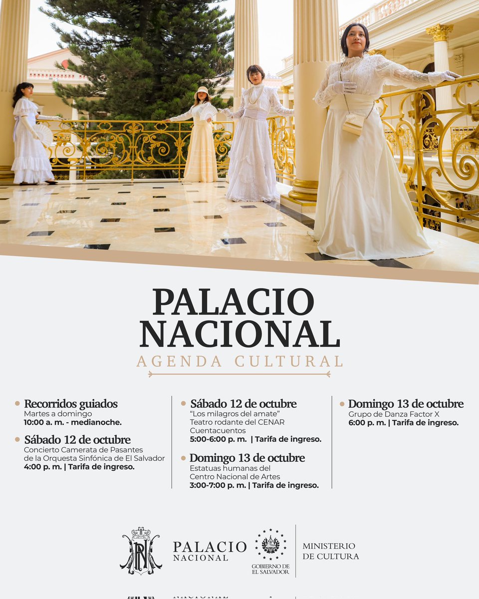 culturasv's tweet photo. ¡Visita el Palacio Nacional! 🏛️  

De martes a domingo puedes disfrutar de recorridos guiados, y cada fin de semana tenemos actividades culturales para toda la familia. 🎉✨ 

Te compartimos las actividades de este fin de semana. 💃📚 https://t.co/Anv5huzqeR