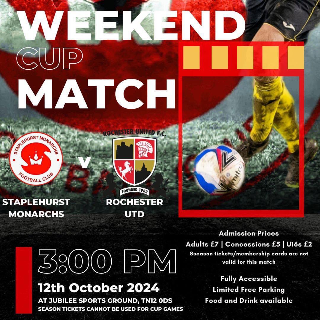 staplehurstmon's tweet photo. This Saturday brings another Cup battle! 🏆

🏟 Gates open from 14:00. Jubilee Field, TN12 0DS
🆚 Rochester United
🏆 Kent FA County Cup
⌚️ 15:00 KO
🍔 Hot &amp; cold food, plus drink available!
🎟 Adults £7, Concessions £5, U16s £2

#upthehurst

Sponsored by @GreenboxLt90661 https://t.co/oS8GfD0VMQ