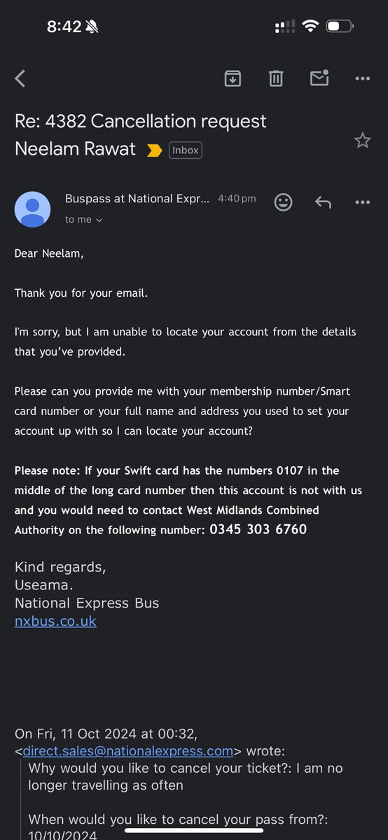 NeelamR86148503's tweet photo. @nxwestmidlands Hi, trying to cancel my pass and I got a reply asking for my details. Now trying to respond to the email and its getting blocked. Pls help? https://t.co/dv927IVd9F
