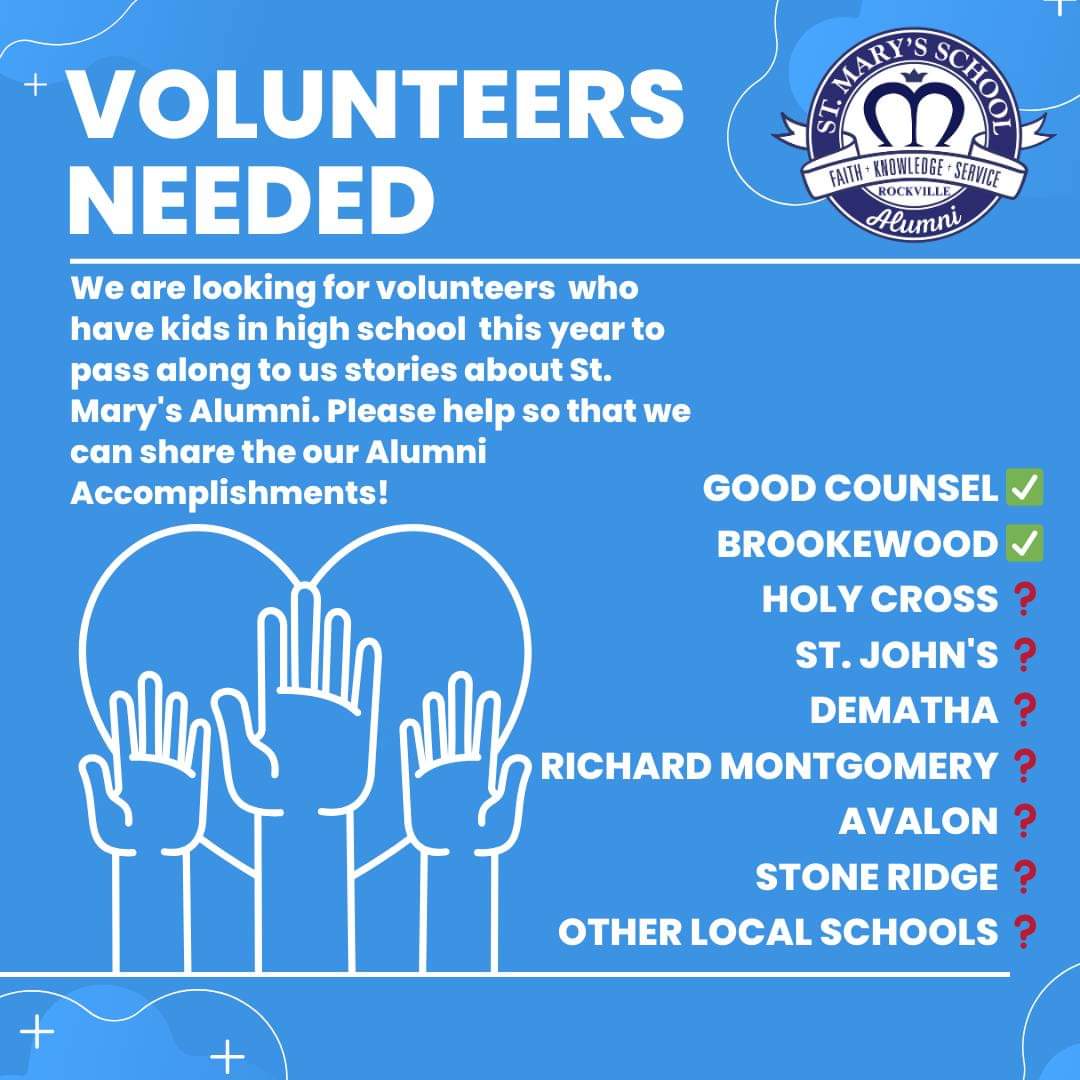 SMSAlumniRock's tweet photo. Do you enjoy seeing updates about what our recent alumni are doing? We need your help to share more! Volunteer to pass news along to us for the St. Mary's Alumni at your child's school. https://t.co/cK1bTvDhGo