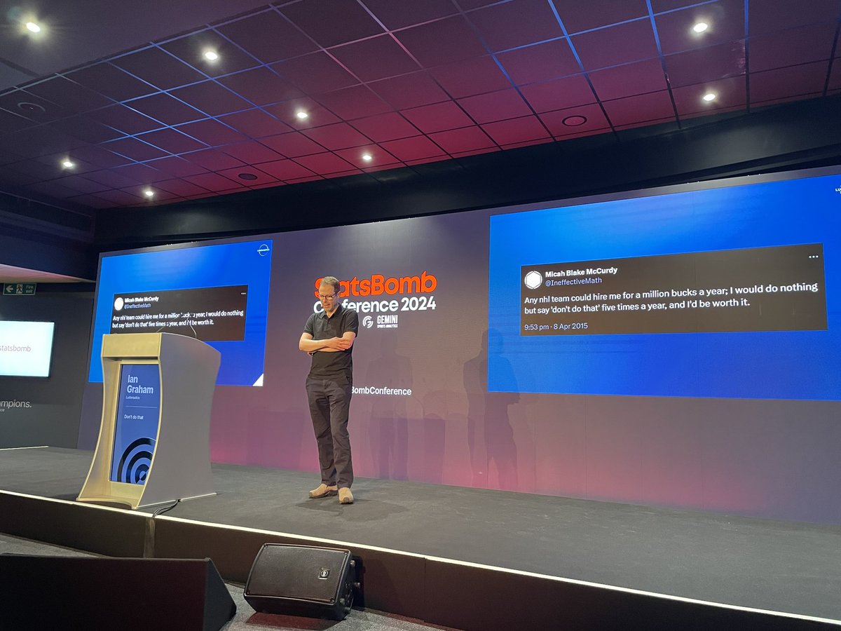 jscrimpSTATS's tweet image. Sitting front row at Ian Graham’s talk at the #StatsBombConference while he mentioned the timeless @IneffectiveMath tweet and gave multiple stories about telling clubs “don’t do that” was a pretty awesome experience