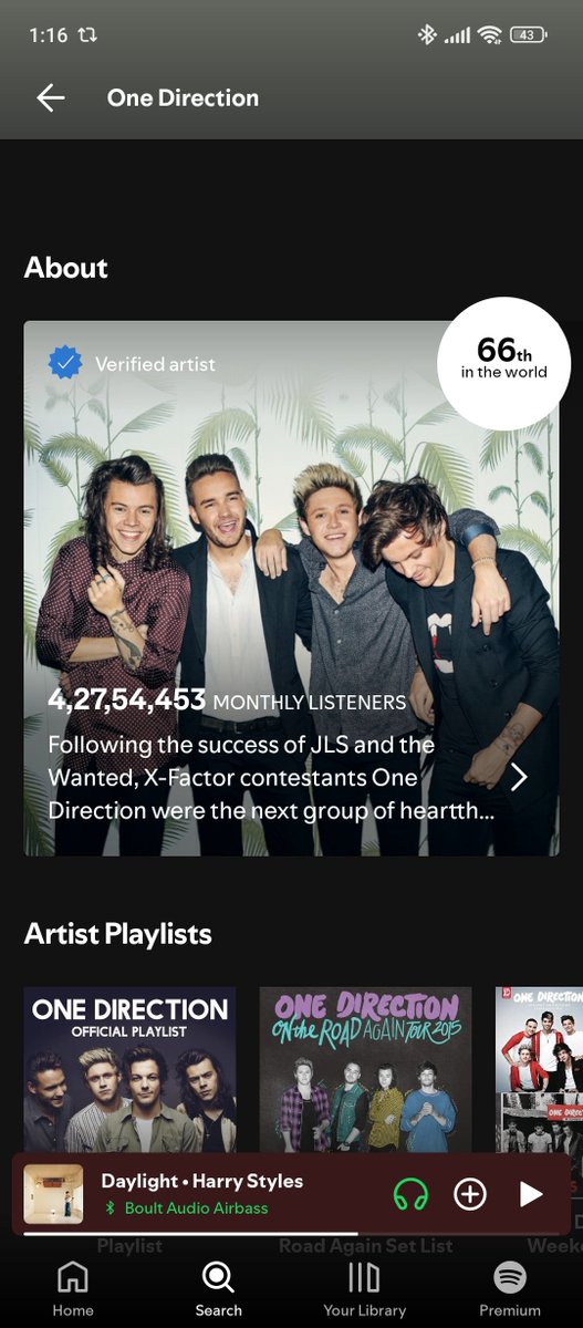 91finerohit's tweet image. i think it's insane how one direction are the 66th most listened to artist in the world despite being broken up and not having released music since 2015 they will literally always be famous