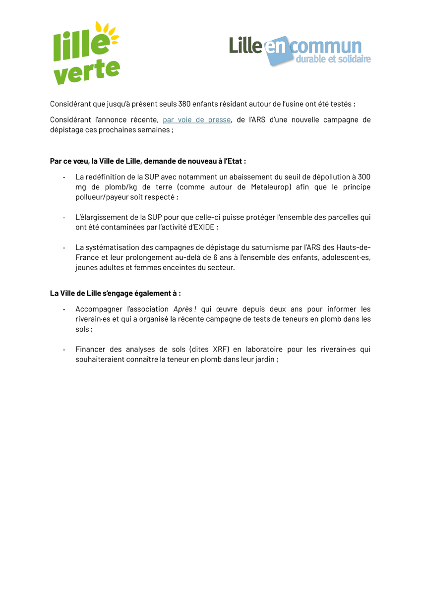 Notre vœu sur la pollution au plomb à Lille-Sud a été adopté ⤵️ ! 

Une avancée importante pour les habitantes et les habitants. Cette victoire n'est qu'une étape dans la bataille que nous menons pour la justice sociale et environnementale dans ce dossier. 

On avance ! #CMLille