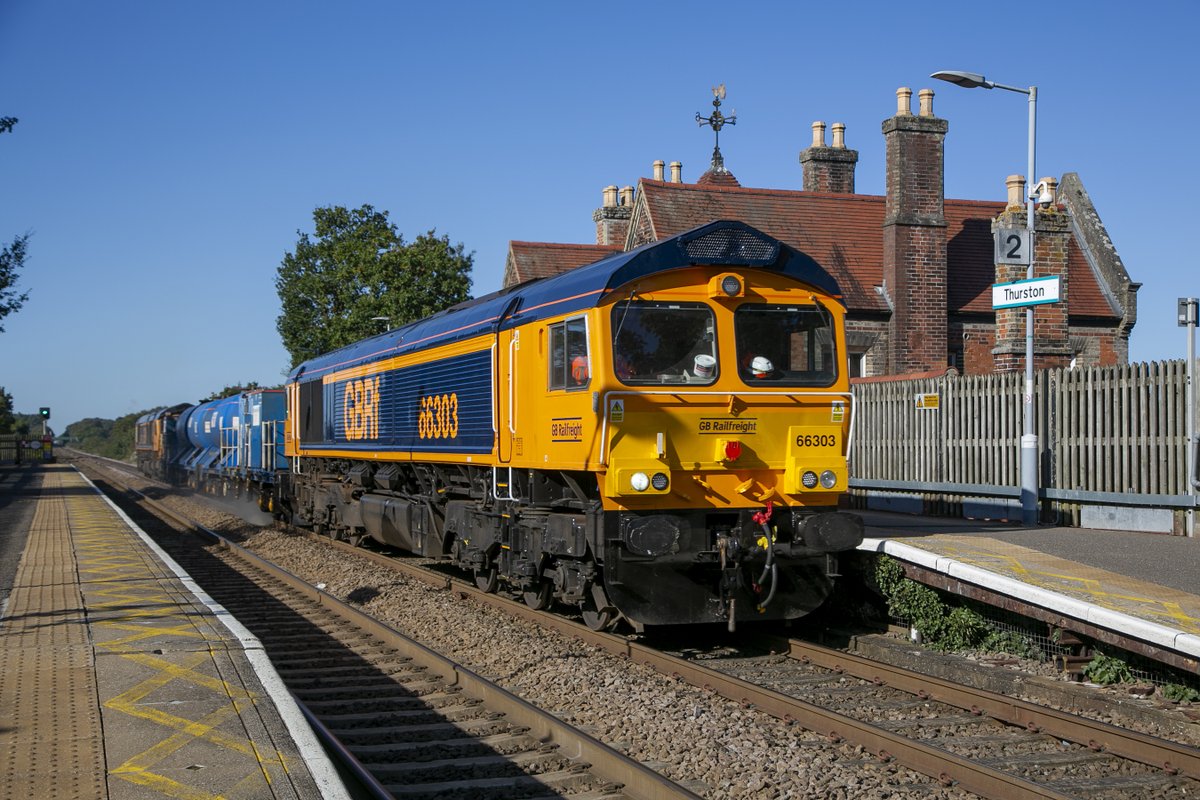 kwpartlow's tweet image. GBRf Class 66/3 No.66303 with No.66776 Joanne on the rear at Thurston on 11th October 2024 working 3L10 08:36 Whitemoor-Stowmarket DGL RHTT Shakedown run.#Thurston #class66 #RHTT