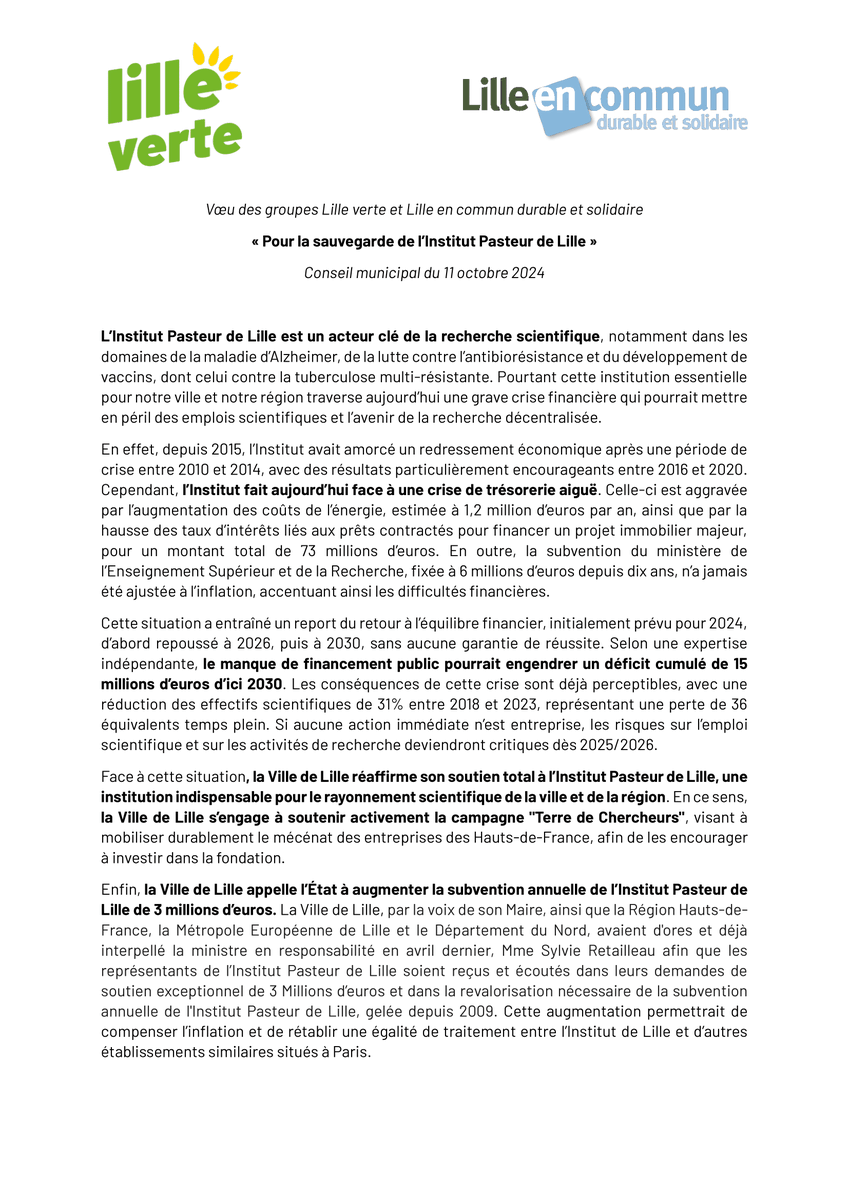 .<a href="/julinicolae/">Julie Nicolas ⏚</a> porte ce soir notre vœu qui appelle à la sauvegarde de l'Institut Pasteur de #Lille #CMLille <a href="/EcologistesHDF/">Les Écologistes Hauts-de-France</a> <a href="/PasteurLille/">Institut Pasteur de Lille</a>