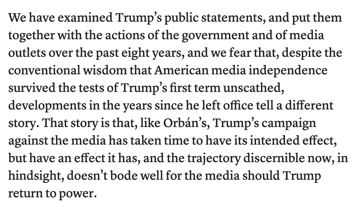 I agree with <a href="/ianbassin/">ianbassin</a> and <a href="/maxapotter/">maxpotter.bsky.social</a>. Weakening the press as a check on power is ready to roll. cjr.org/analysis/antic…

Spread to other billionaires, the Peter Thiel method alone is enough to quiet press freedom in this country. And that happened before Trump took office.