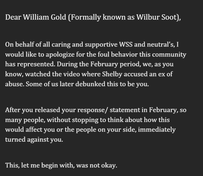 jinxsthirdbraid's tweet photo. Hey chat,  I wrote an apology for Wilbur on behalf of everybody in WSS and DECENT neutral's, can we leave a message for Wil below so I can put it in the apology? (With credits obviously xx) https://t.co/oDG3s6P9Jn