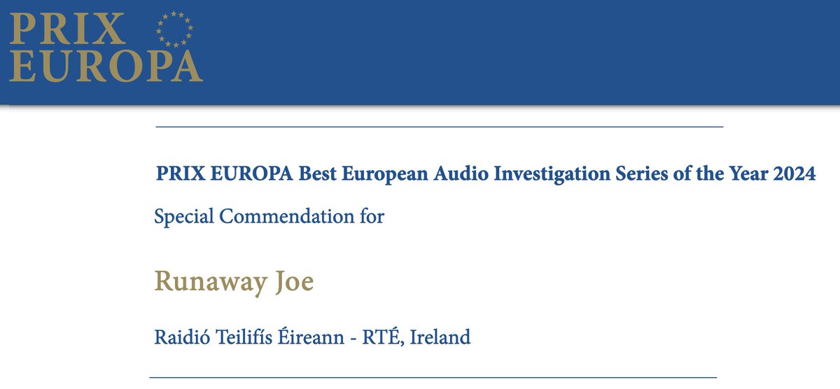 RTEdoconone's tweet photo. What a night in Berlin @PRIXEUROPA We're thrilled to win TWO prizes in two different categories at the biggest global competition for public service media. #TheRealCarrieJade and #RunawayJoe were both honoured in their respective categories. Huge congrats to all involved 🏆🏆 https://t.co/BRf2kD0hBL
