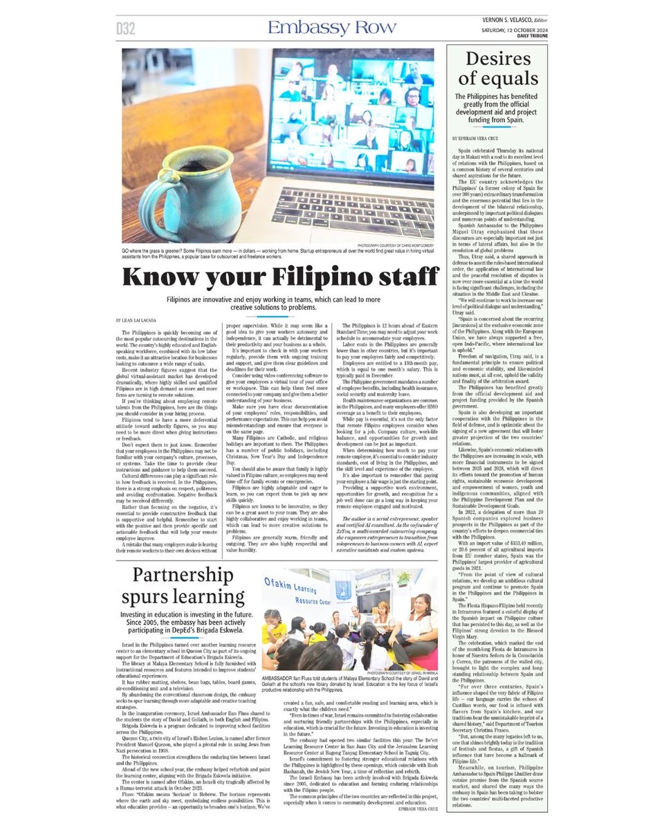tribunephl's tweet image. Today&apos;s Embassy Row Stories: 

Desires of equals

Read more at: tribune.net.ph/2024/10/11/des…

Know your Filipino staff

Read more at: tribune.net.ph/2024/10/11/kno…

Partnership spurs learning

Read more at: tribune.net.ph/2024/10/11/par…

#DailyTribune #EmbassyRow