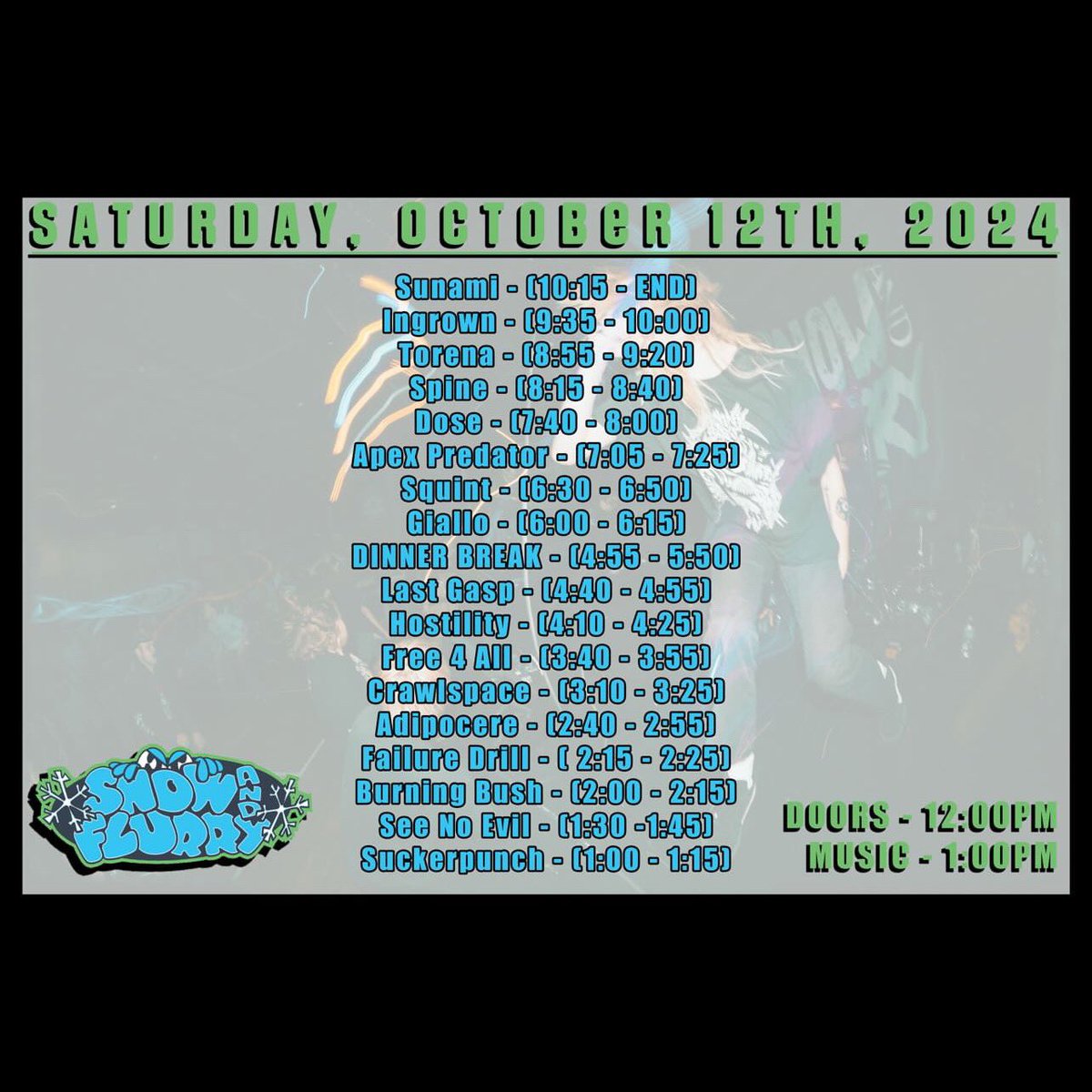 Tomorrow (Saturday), we’ll be in Minneapolis at the Underground Music Venue for Snow And Flurry 2024. Our set is at 2 P.M. sharp, followed directly by Failure Drill. Tickets are still available online and will be at the door. ☂️