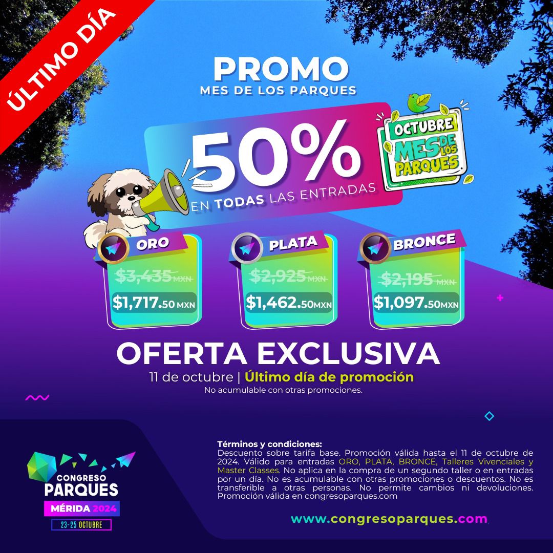 congreso_parque's tweet photo. ✨ÚLTIMO DÍA DE PROMOCIÓN✨
 ¡No Dejes Pasar Esta Oportunidad! 🎉
Celebra el Mes de los Parques con Nosotros y ahorra hasta un 50%🌳
🎟️¡Compra tu boleto hoy mismo!
https://t.co/BXCVlfPPeq https://t.co/rfw4HIZLGH