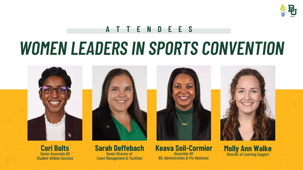 Baylor SACE (@baylorsace) on Twitter photo These four, including two of SACEโs own, are headed to Baltimore this weekend to represent Baylor at the <a href="/_WomenLeaders/">Women Leaders in Sports</a> National Convention!
Stay tuned for exciting updates from their trip ๐๐ These four, including two of SACEโs own, are headed to Baltimore this weekend to represent Baylor at the <a href="/_WomenLeaders/">Women Leaders in Sports</a> National Convention!
Stay tuned for exciting updates from their trip ๐๐