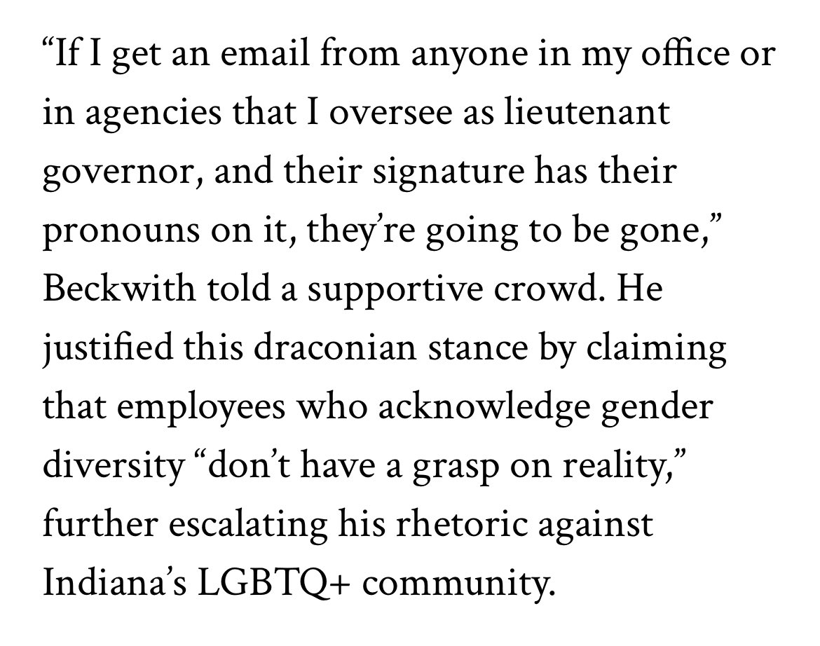 Adam Wren (@adamwren) on Twitter photo New: Indiana Republican LG candidate Micah Beckwith said he would fire anyone in his office or in state agencies who signs an email with their pronouns. Via <a href="/TheAdvocateMag/">The Advocate</a>:
advocate.com/election/india… New: Indiana Republican LG candidate Micah Beckwith said he would fire anyone in his office or in state agencies who signs an email with their pronouns. Via <a href="/TheAdvocateMag/">The Advocate</a>:
advocate.com/election/india…