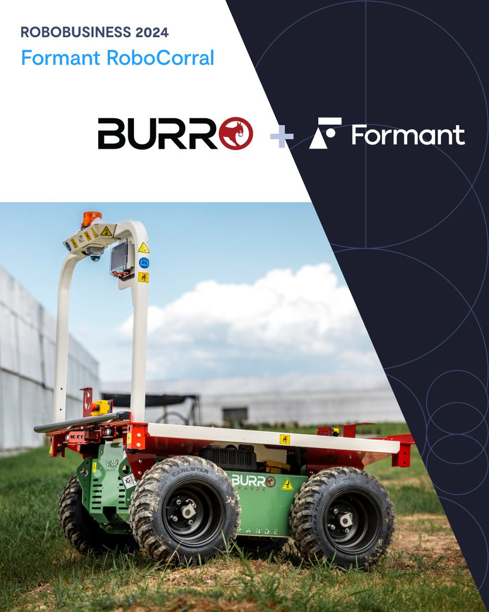 FormantInc's tweet image. Next up in our Robot Corral: @burro_ai! 🫏  

Philly-based Burro tackles farm labor challenges with collaborative robots. See the Burro Grande demo at our booth (707)!  

Chat with their team about the future of autonomous farming. We have a few more guest reveals coming...