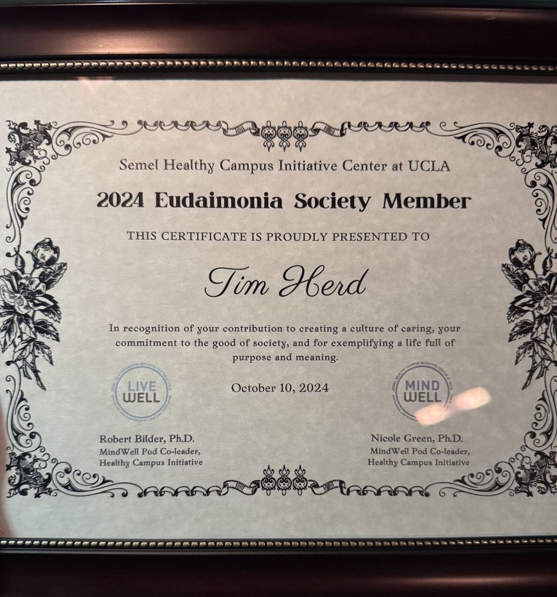 Yesterday I had the pleasure of being honored as a Student Featured Member of the Eudaimonia Society at UCLA for my service &amp; leadership! #servantleadership #phdjourney